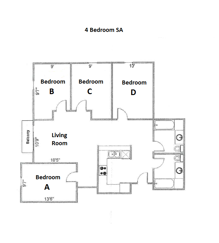 Floor plan for 4 beds, 2 baths, 1175 sqft